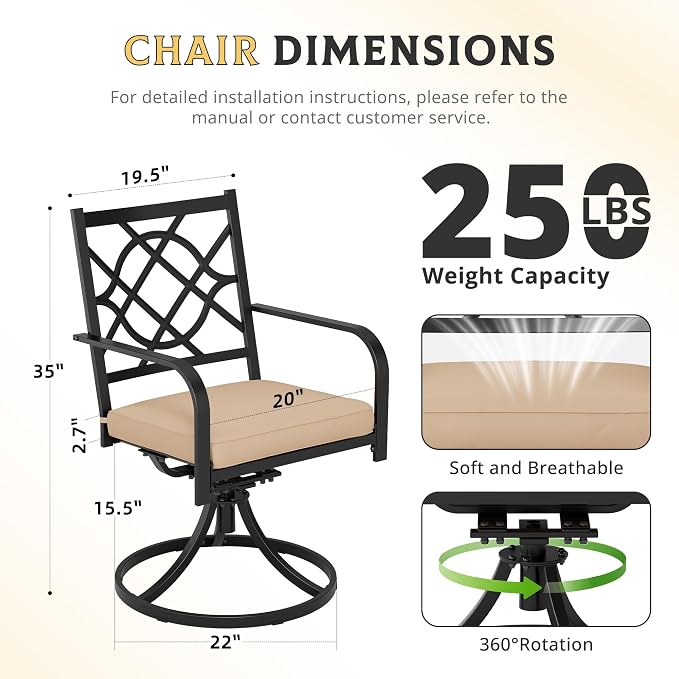 7 Piece Patio Dining Set Outdoor Furniture Set, Rectangular Metal Patio Dining Table with Umbrella Hole & 6 Swivel Dining Chairs for Garden Lawn Yard