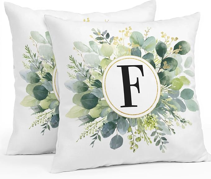 Letter F Waterproof Outdoor Pillow Covers Set of 2 Home Decor, Alphabet Green Eucalyptus Leaves Pillowcase Patio Pillow Covers for Couch Bench Patio Furniture Garden 18x18in