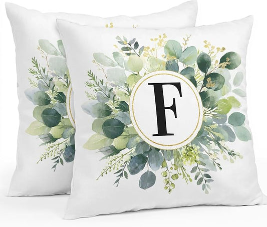 Letter F Waterproof Outdoor Pillow Covers Set of 2 Home Decor, Alphabet Green Eucalyptus Leaves Pillowcase Patio Pillow Covers for Couch Bench Patio Furniture Garden 18x18in