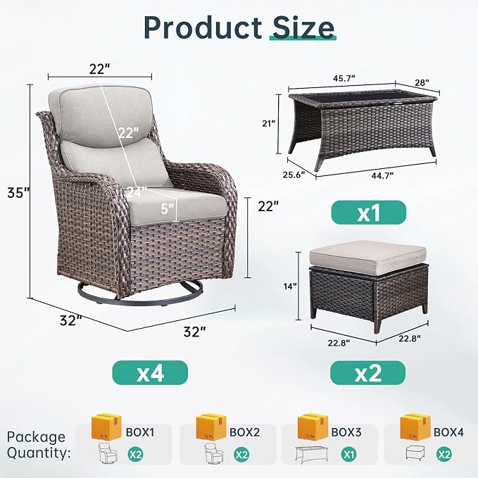Outdoor Swivel Rocker Patio Chairs Set of 4 with Ottoman Coffee Table - 5" Thick Cushion 7 Piece Furniture Set All Weather Comfortable Wicker Conversation Set for Porch Deck - Brown/Beige