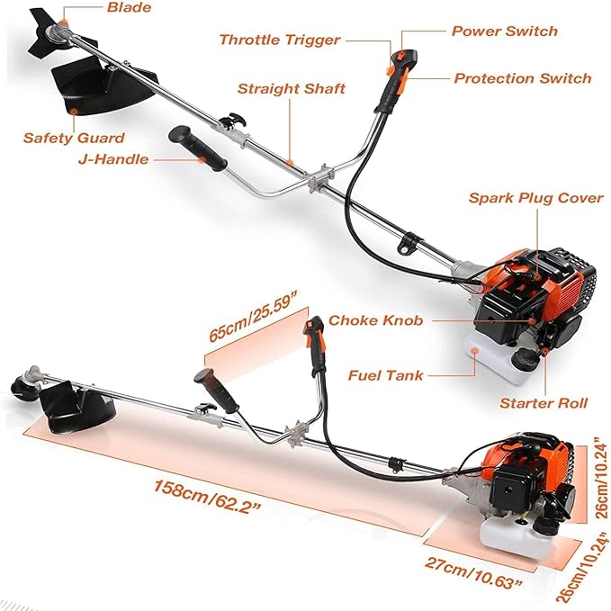 58CC 2-Cycle Gas Powered Weed Wacker, 4 in 1 String Trimmer Brush Cutter, Gas Brush Cutter Weed Wacker Straight Shaft Gas Grass Trimmer for Lawn and Garden Care Trimming