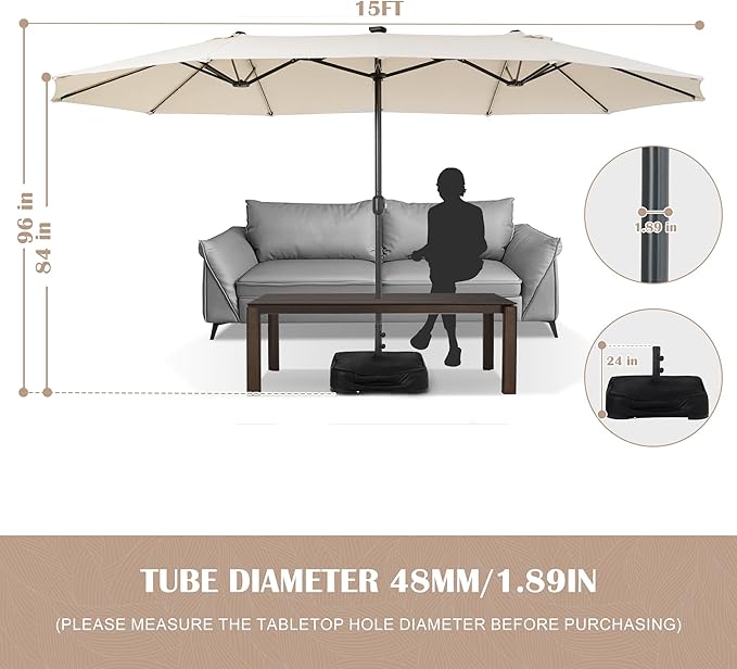 Sundale Outdoor Solar 144 LED 15 ft Patio Umbrella with Sandbag Base Included and Cover, Outdoor Double-Sided Umbrella with Lights