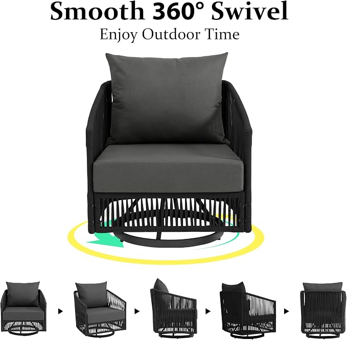 Outdoor Patio Furniture Set, 3 Pieces Outdoor Swivel Chairs with Coffee Table and Thick Cushion, Pe Wicker Rope Furniture Set for Entertaining, Balcony, Garden, Poolside, Gray