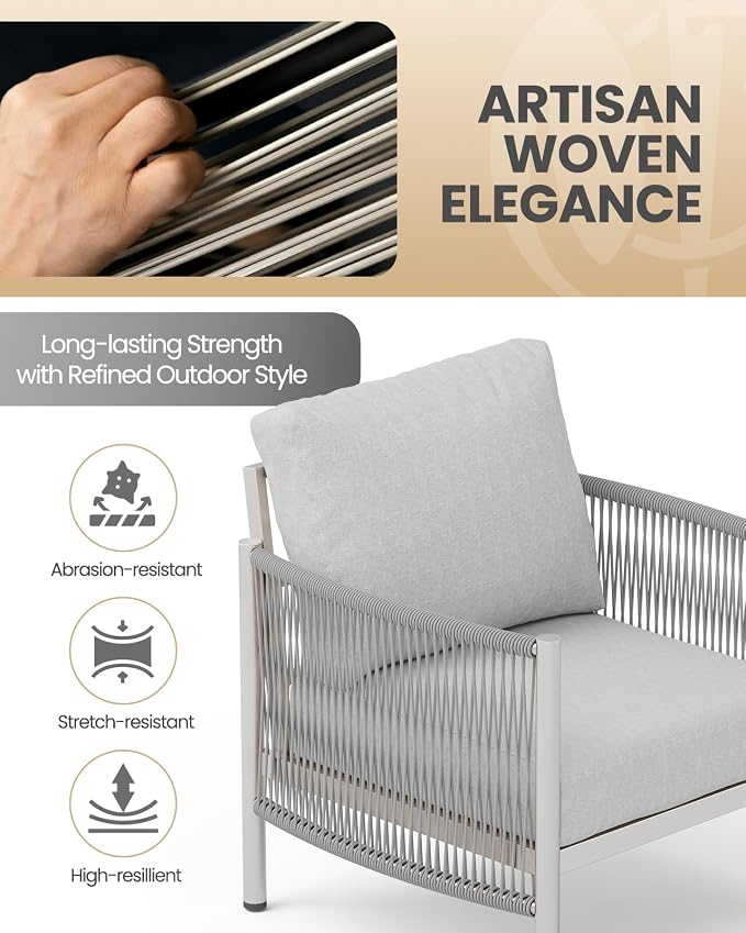 Aluminum Patio Furniture Set, 4 Seats Modern Outdoor Sectional Furniture with PE Rope & Dual-Layer Coffee Table, Luxury Patio Conversation Sets with 6" Cushions for Backyard/Garden, Silver