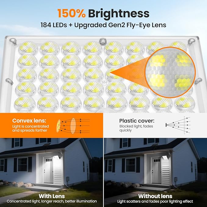 Solar Lights Outdoor Waterproof Motion Sensor Security Lights with Remote, 3 Modes 184 LED Upgraded Convex Lens 150% Bright, 16.4 Ft Cord, Outdoor Flood Light for Backyard, Garage, Barn