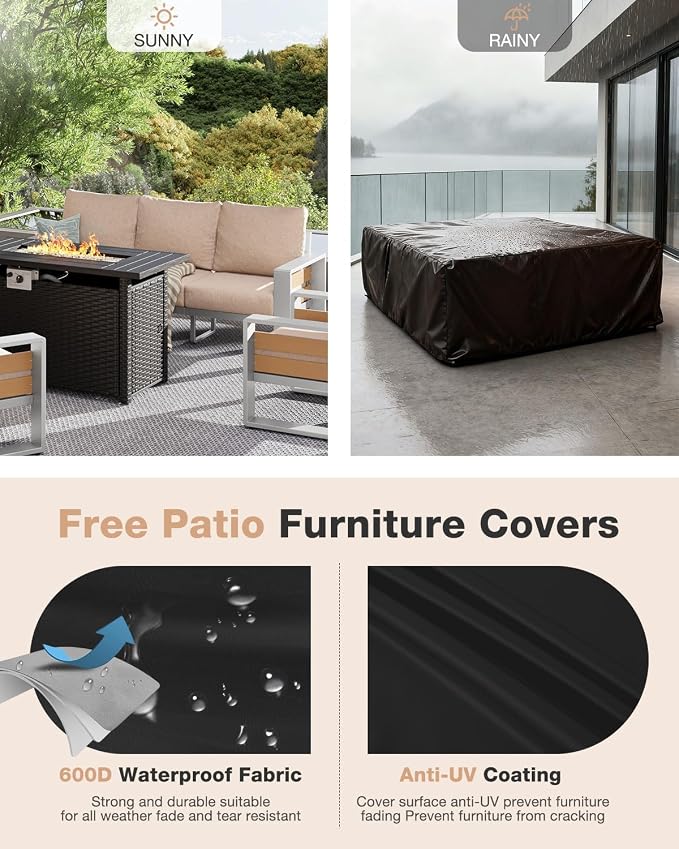 Aoxun Aluminum Patio Furniture Set with Fire Pit Table, 5 Piece Luxury Outdoor Sectional with 6" Olefin Fabric Cushions, Patio Conversation Sets with Waterproof Cover for Backyard, Porch Beige