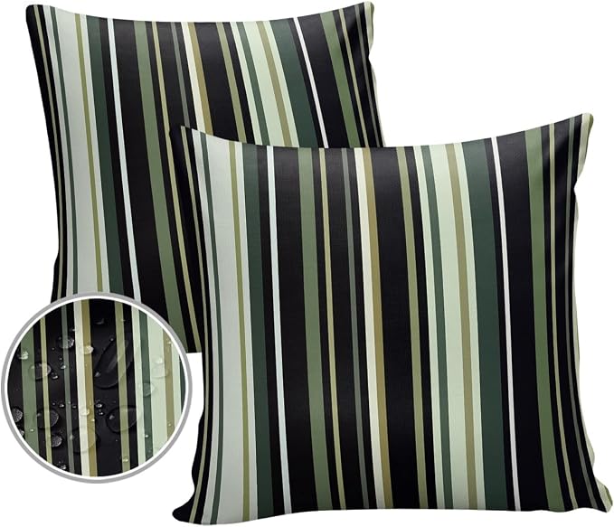 Outdoor Waterproof Pillow Covers for Patio Simple Stripe Decorative Throw Pillow Cover Black And Green Geometric Pattern Pillowcases Set of 2 Cushion Case for Sofa Couch Chair Home Decor 16x16 inch