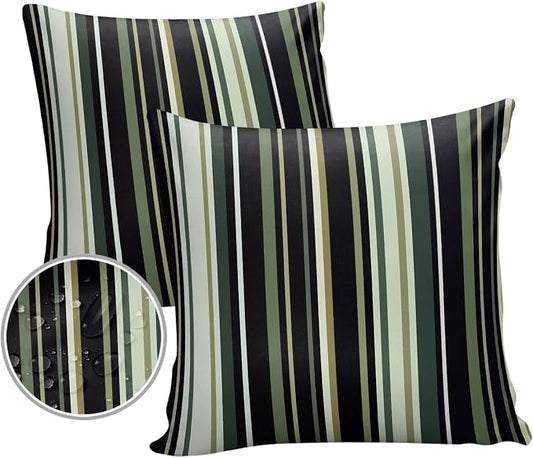 Outdoor Waterproof Pillow Covers for Patio Simple Stripe Decorative Throw Pillow Cover Black And Green Geometric Pattern Pillowcases Set of 2 Cushion Case for Sofa Couch Chair Home Decor 18x18 inch