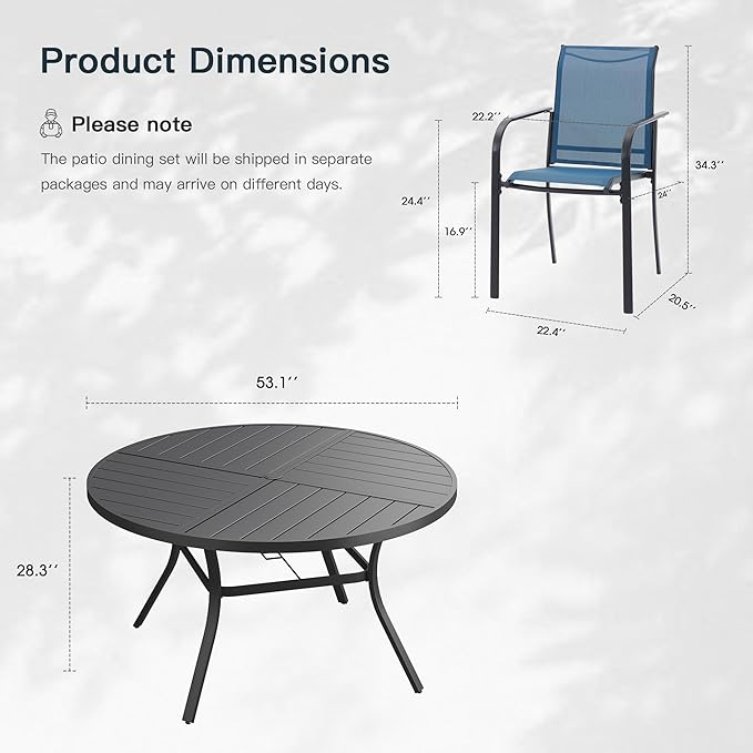 VICLLAX 9 Pieces Patio Outdoor Dining Set, 53" Round Metal Table with Umbrella Hole and 8 Stackable Textilene Chairs for Patio, Lawn, Garden, Porch, Black/Dark Blue