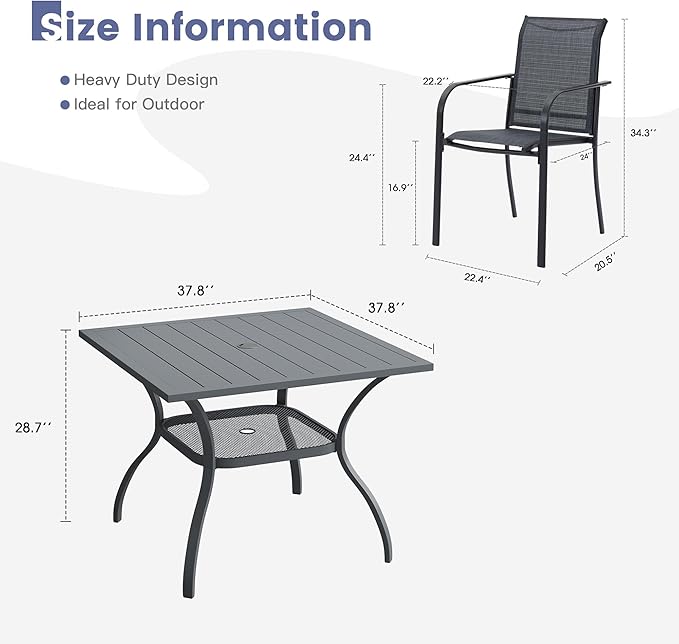VICLLAX Outdoor Dining Set for 4, Patio Furniture Set of 4 Patio Stackable Dining Chairs and Outdoor Metal Square Table with Umbrella Hole for Backyard Lawn Garden, Dark Grey Chairs and Grey Table