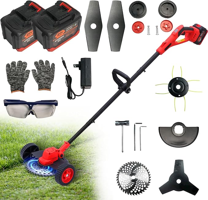Electric Weed Wacker Cordless Weed Eater Battery Powered, 21V Stringless Grass Trimmer/Edger/Brush Cutter/Lawn Mower, 2 Battery with Wheel & Blades for Yard Garden