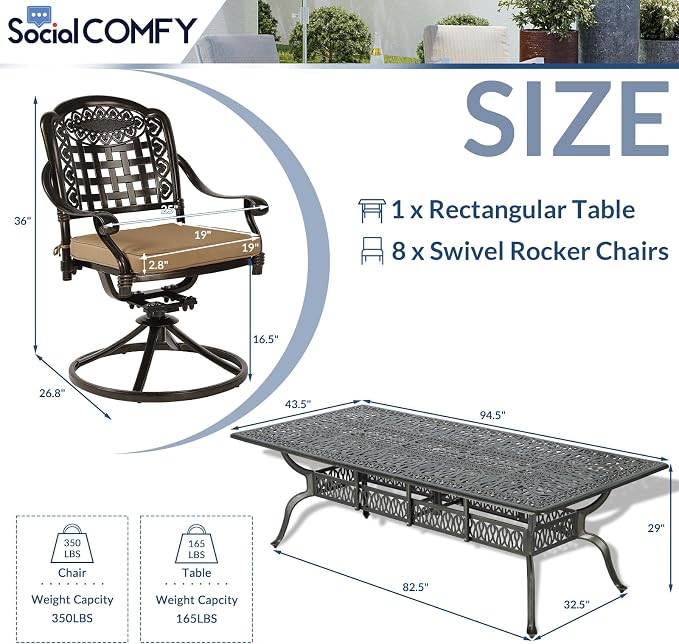 9-Piece Patio Cast Aluminum Dining Set, Outdoor Table and Chairs Set for 8, Includes 94.5" Rectangular Dining Table and 8 Swivel Rocker Chairs with Umbrella Hole for Lawn Garden, Tan