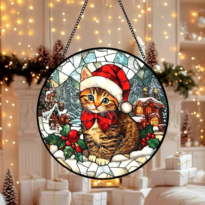 Stained Glass Window Hanging - 6.3 Inches Cat and Snowy Day Christmas Suncatcher for Garden Home Decor for Women Mon Grandma Friends