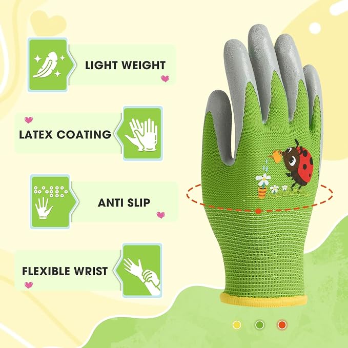WAWSAM Kids Gardening Gloves 3 Pairs Toddlers Rubber Coated Work Gloves Children Garden Gloves