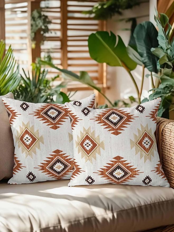 Waterproof Outdoor Pillow Set of 2 Orange Boho Aztec Decorative Throw Pillows Cover & Insert 16x16 Inch Pillowcase Southwest Tribal Style Pillows for Couch Sofa Bed Patio Furniture Indoor Outdoor