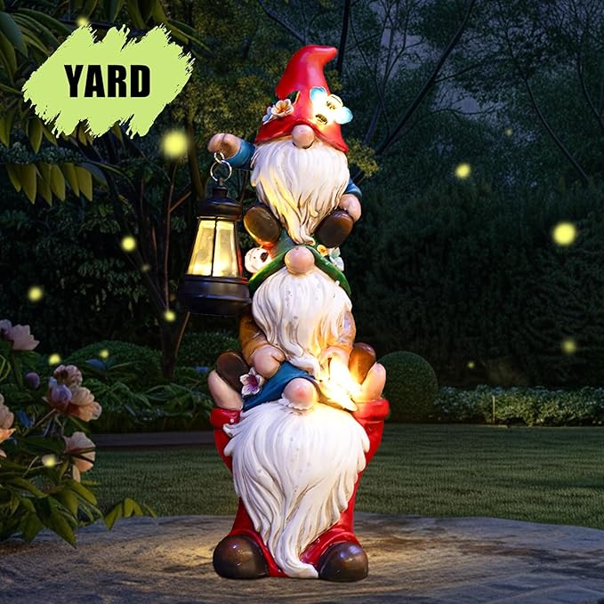 twinbling 17 in Large Garden Gnome Statue with Solar Lights | Sculptures Funny Triple Big Gnome Outdoor Patio Lawn Yard Balcony Garden Home Decor Gifts for Women Mom Mothers Day Gifts