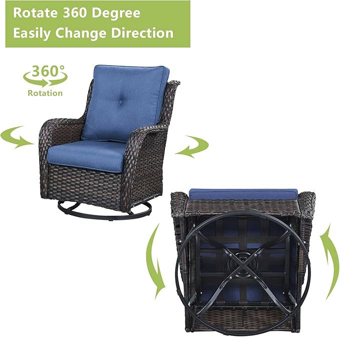 Rilyson Luxury 4 Pieces Patio Wicker Furniture Set, Outdoor Rattan Bistro Set with Rocking Swivel Chair, Ottoman and Thickened Cushions (Brown/Blue)