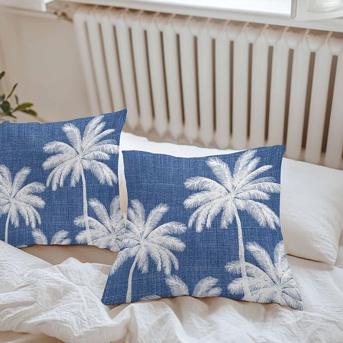 Outdoor Pillow Covers 20x20 Inch Set of 2, Navy Blue Palm Trees Waterproof Throw Pillow Covers, Farmhouse Tropical Summer Beach Decorative Cushion Pillowcases for Couch, Sofa, Bed, Garden, Patio