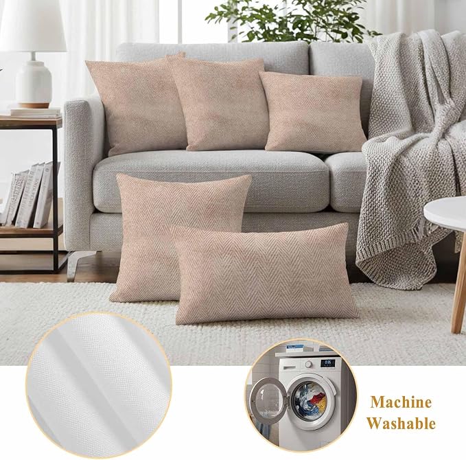 Beige Herringbone Outdoor Pillow Covers Set of 2 Modern Minimalist Woven Textured Waterproof Throw Pillow Cover Decorative Cushion Cases for Patio Porch Garden 16X16 Inch