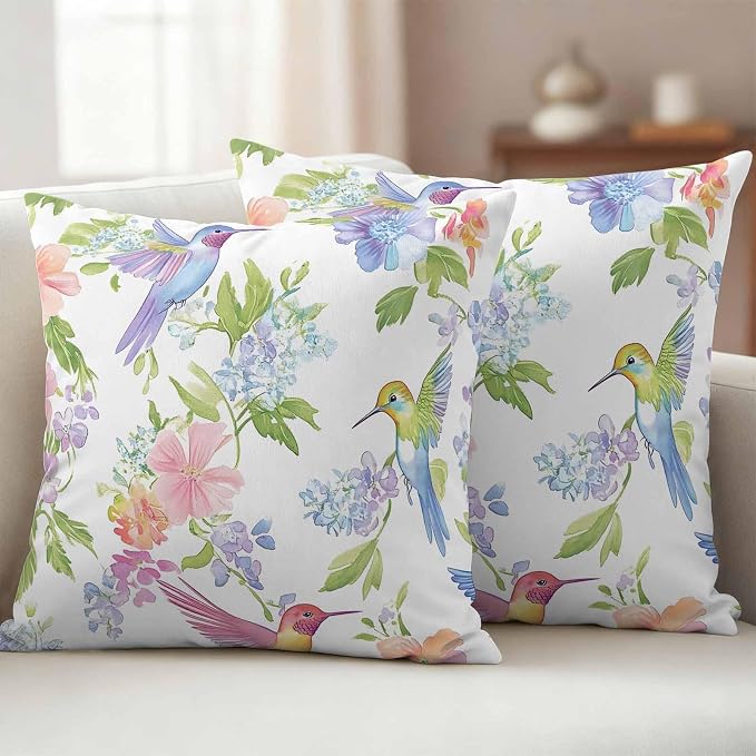 Spring Hummingbird Outdoor Waterproof Throw Pillow Covers Set of 2, 20"x20", Colorful Birds Floral Decorative Pillow Covers Outside Cushion Case for Patio Porch Garden