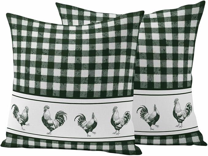 Outdoor Waterproof Throw Pillow Covers Set of 2 Chicken Cock Rooster Pillowcases 18x18 Inches Farmhouse Animal Green Buffalo Plaid Decorative Pillows Cushion Case Patio Pillows for Couch Bed Chair