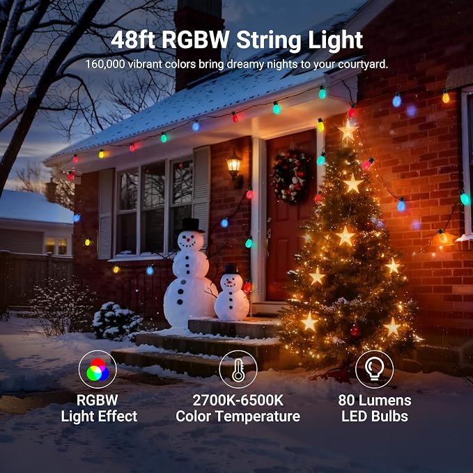 NEEWER 48ft Outdoor String Lights, App Control Smart AI RGB IC W Hanging Outside Patio Balcony Backyard Holiday Lighting, IP65 Waterproof, 15 LED Bulbs, 50+ Scenes, Compatible with Alexa Google, NR01