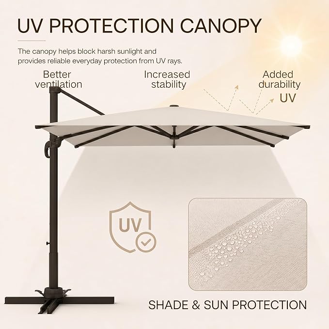 Kingdura 8' X 8' Cantilever Patio Umbrella with Base Included, Large Square Outdoor Offset Umbrella with 360-degree Rotation, 4 Position Tilt, UV Protection for Pool Deck Garden Patio (Cream white)