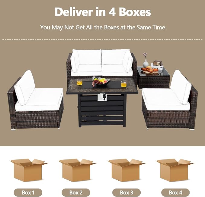 Tangkula 6-Piece Patio Furniture Set with 42 Inches Propane Fire Pit Table, Outdoor Wicker Conversation Set with Cushions and Tempered Glass Coffee Table, 50,000 BTU Gas Fire Pit Table (Turquoise)