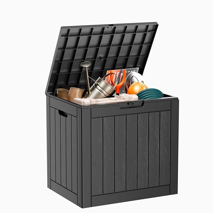 PatioZen 31 Gallon Resin Deck Box, Lockable Patio Outdoor Storage Box for Furniture, Garden Tools and Tools Storage, Waterproof Outside Storage Boxes - Black