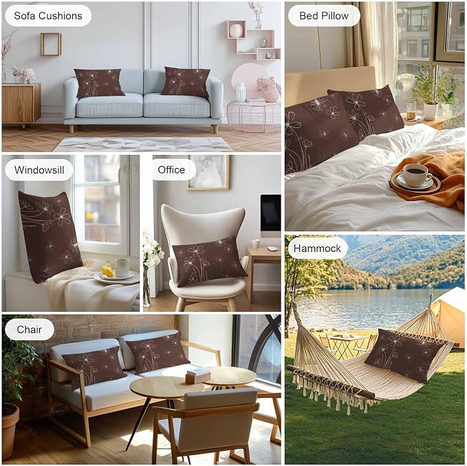 Lumbar Pillow Covers 20x12 Inch Set of 2, Brown Waterproof Outdoor Pillow Covers, Spring Flora Decorative Cushion Pillowcases for Couch, Sofa, Bed, Garden, Patio
