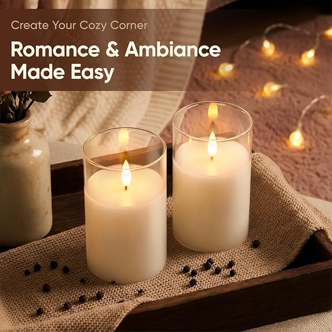 Amagic 3"x5" Clear Glass Flameless Candles Battery Operated with Timer, Remote Control, LED Pillar Candles, Battery Powered, Valentine's Day Decor, Pure White Wax, Set of 2
