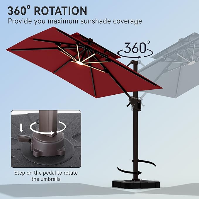9' X 12' Cantilever Patio Umbrella with Led Lights Double Top Rectangular Outdoor Large Offset Umbrellas with 7 Tilts Adjustable 360°Rotation for Deck Pool Garden Backyard, Red