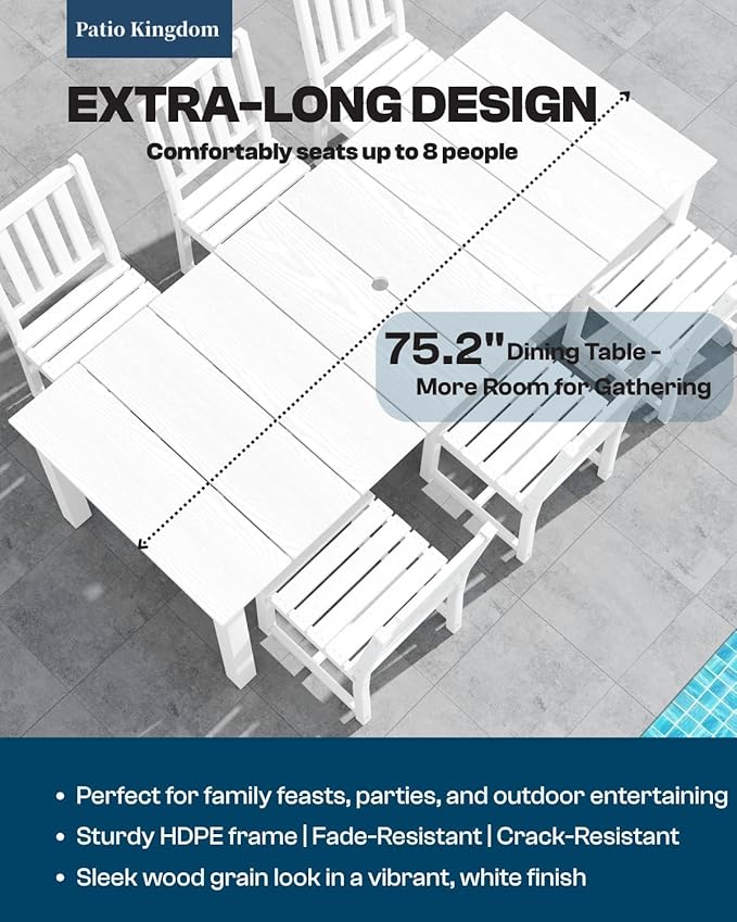 7-Piece Outdoor Dining Set for 6, 75.2" HDPE Patio Table with Umbrella Hole & 6 Chairs, Weather-Resistant Wood-Look Patio Furniture for Garden, Lawn, Deck, or Poolside (White)