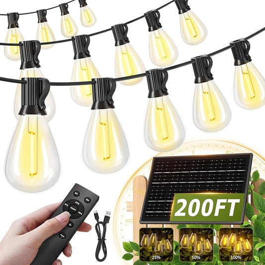 200FT Solar String Lights Outdoor Waterproof 72+2 LED Bulbs, Solar Powered with Remote & USB Port, 3 Light Modes Dimmable Patio Lights for Large Backyard, Garden, Party