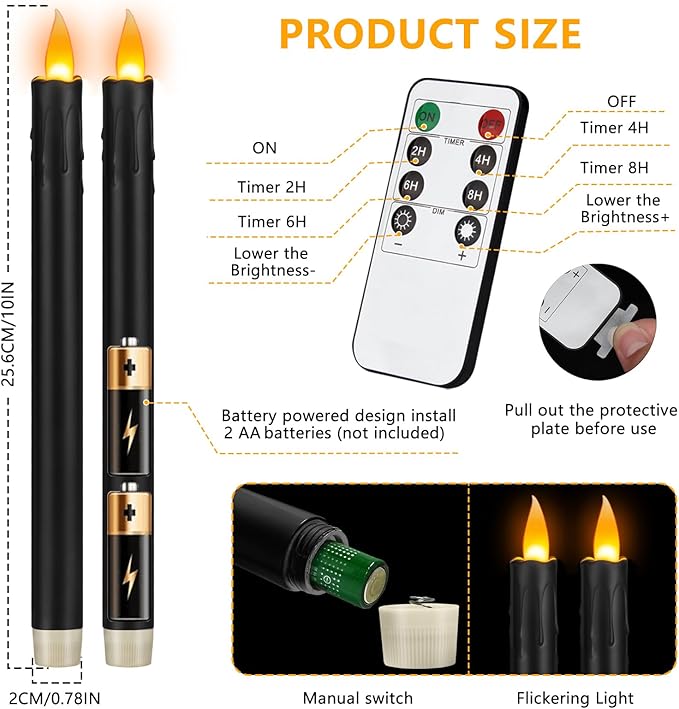 wemarry 10" Flameless Taper Candles with Remote, 12 Pcs Black Electric Led candlesticks, Plastic Tall Taper Candles Battery Operated with Flickering Flame for Halloween Christmas Wedding Home Décor