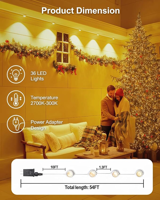 Permanent Warm White Outdoor Lights - 54FT 36 LED Christmas String Lights for Eaves & In-Ground, 8 Modes via Built-in Button, IP67 Waterproof, Yard, Patio Lights