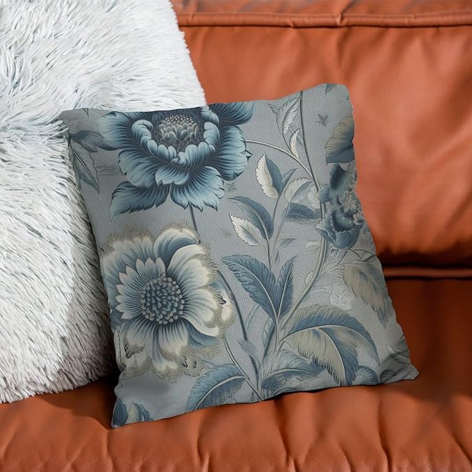 Spa On Flax Blue Chinoiserie Pillowcase Blue Grey Asian Flower Throw Pillow Cover Retro Outdoor Waterproof Decorative Pillow Cover for Patio Garden Couch Tent 26x26 in