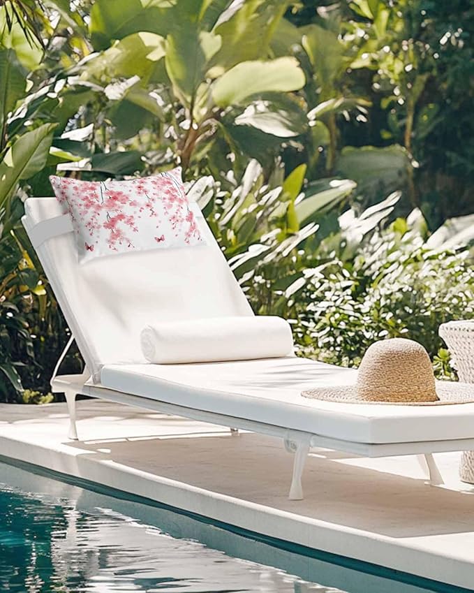 Pack of 2 Outdoor Lumbar Cushions with Inserts, Pink Peach Blossoms Flowers Branches Butterflies Waterproof Fluffy Fade Body Pillows, Patio Furniture Pillow for Home Balcony Garden Decor 11x16IN