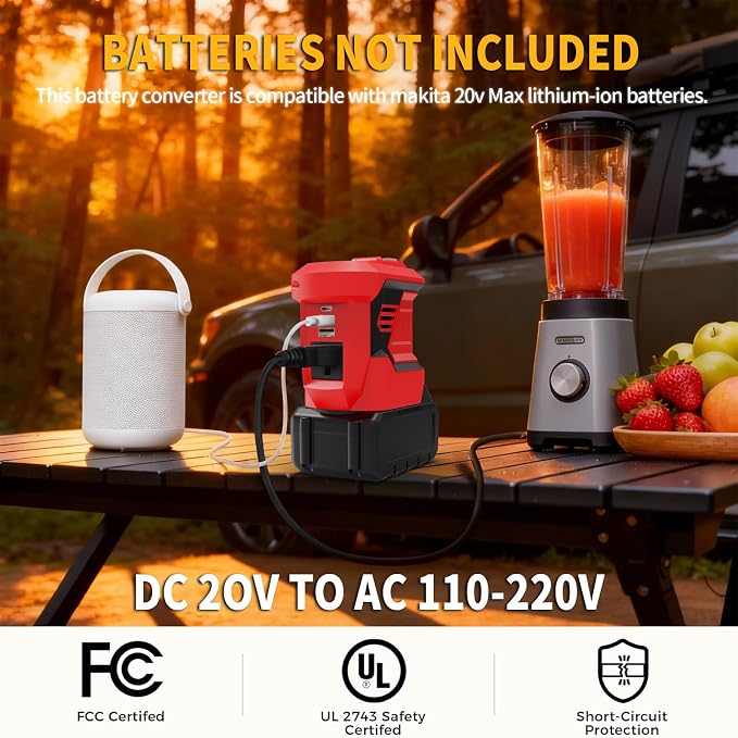 AMYBEST 300W Portable Power Inverter for Makita 20V, DC to AC 110V Outdoor Generator Battery Converter with Type-C & Dual USB, Portable Power Station with LED Light