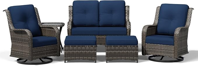 Joyside 6 Piece Wicker Patio Furniture Set, Outdoor Swivel Rocker Patio Chairs with High Back, Deep Seating, Wide Armrest, Thickened Cushions, Outdoor Furniture for Deck, Porch Use