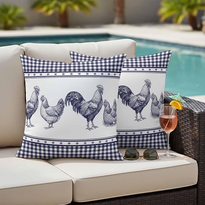 Navy Blue Rooster Outdoor Pillow Covers 24x24 Inch Throw Pillow Covers Set of 2 Waterproof Decorative Pillow Cases Vintage Farmhouse Blue Plaid Cushion Covers for Patio Furniture Garden Couch Sofa