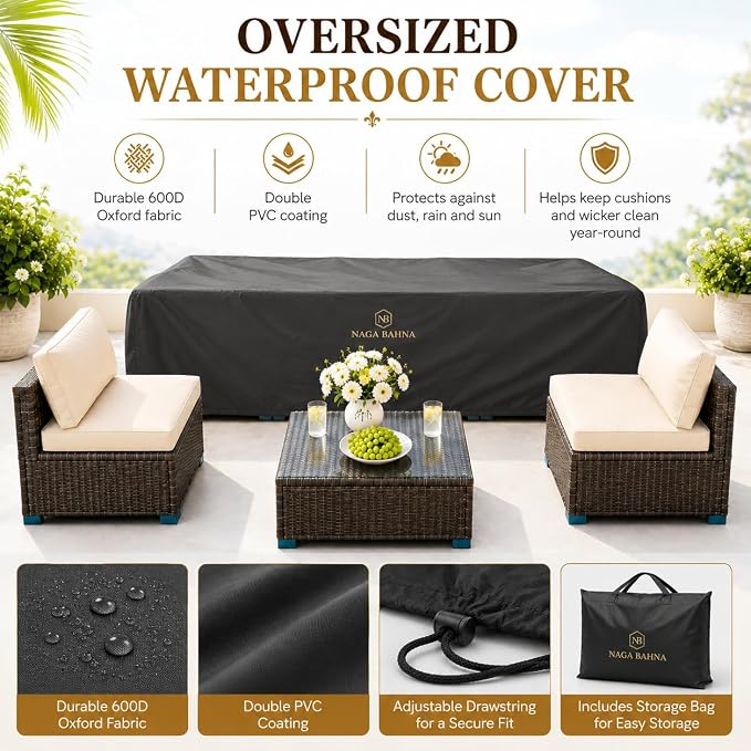 7 Piece Outdoor Sectional Outdoor Patio Furniture Set, Outdoor Patio Furniture Set with Coffee Table, Sectional Couch Sofa with Cushions, Wicker Outdoor Conversation Set for Backyard & Garden, Brown