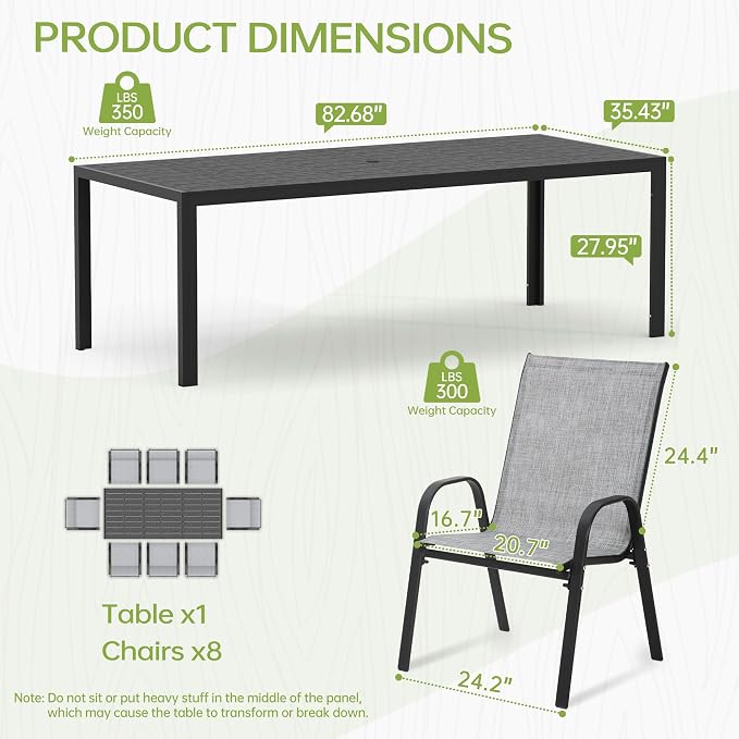 PIZZELLO Outdoor Dining Sets for 8, 83" Rectangular Dining Table with 8 Textilene Chairs, 9 Piece Patio Table and Chairs Set with Umbrella Hole for Patio, Garden, Backyard and Poolside (Grey)
