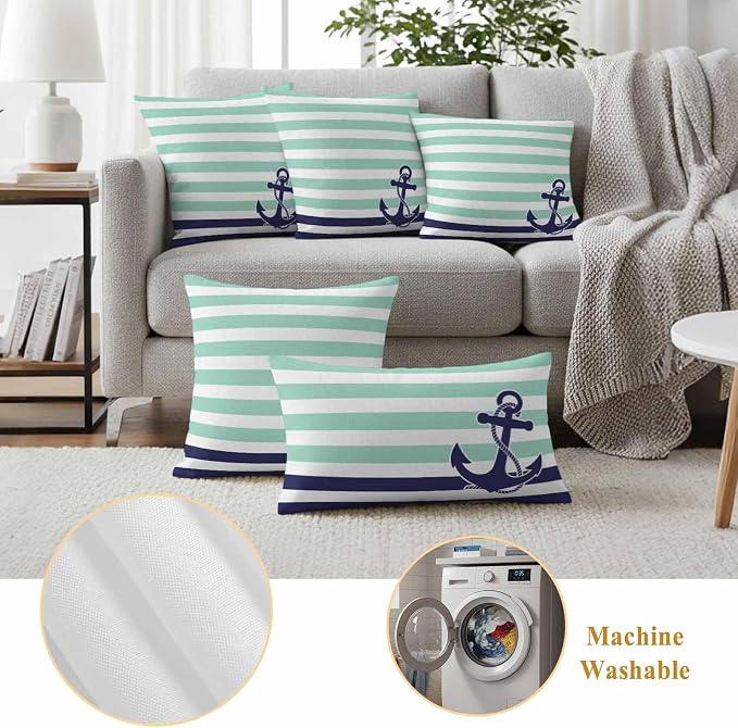 Blue Anchor Outdoor Waterproof Throw Pillow Covers Set of 2, 24"x24", Costal Mint Green White Stripes Background Decorative Pillow Covers Outside Cushion Case for Patio Porch Garden