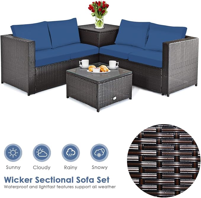 DORTALA 4-Piece Outdoor Patio Furniture Set, Weather Resistant PE Rattan Conversation Set with 2 Loveseats, Outdoor Sectional Sofa Set with Comfy Cushions for Garden and Poolside, Navy