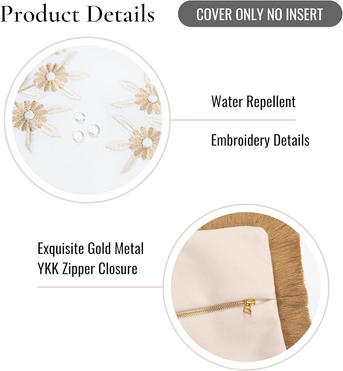 Hofdeco Premium Coastal Patio Indoor Outdoor Lumbar Pillow Cover Only, 12"x20" Water Repellent for Backyard, Couch, Neutral Tan Embroidered Floral with Fringe