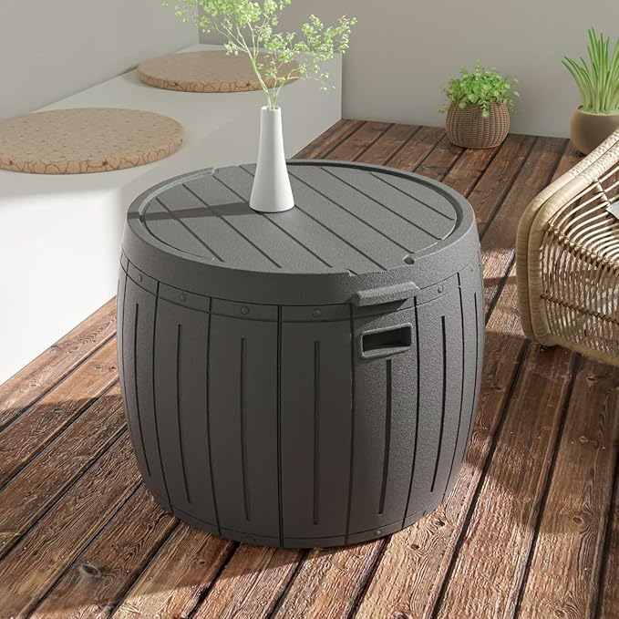 ZZM 33 Gallon Round Deck Box, Patio Side Table for Cushion, Picnic Bucket, Small Bench Seat, All-Weather & Portable, Gray