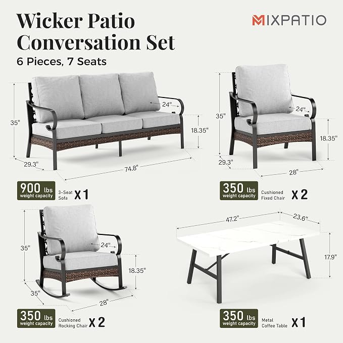 MIXPATIO Patio Furniture Set with Coffee Table, Outdoor Conversation Set with 2 x Fixed Chairs, 2 x Rocking Chairs, 1 x 3-Seat Sofa for Lawn Garden Backyard, Light Grey