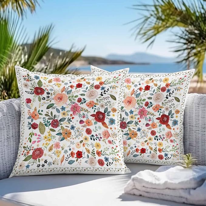 Vandarllin Outdoor Throw Pillows Covers 20x20 inch Set of 2 Waterproof Cream Floral Decorative Zippered Cushion Covers for Patio Furniture, Farmhouse Vintage Flower Lumbar Pillowcases