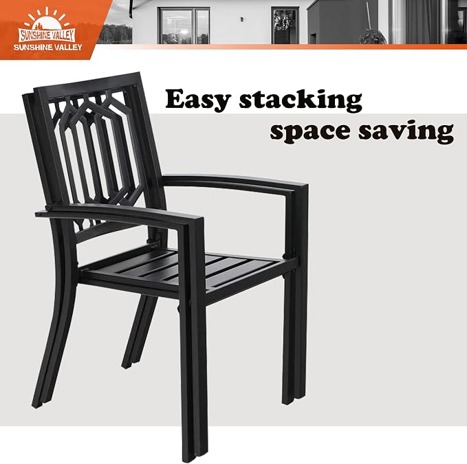 SUNSHINE VALLEY Patio Dining Set,Wood-Like Metal Table w/Umbrella Hole | 64x38 Table&6 Pcs Rust-Proof Stackable Chairs, Outdoor Table and Chairs Set for Backyard Garden Deck
